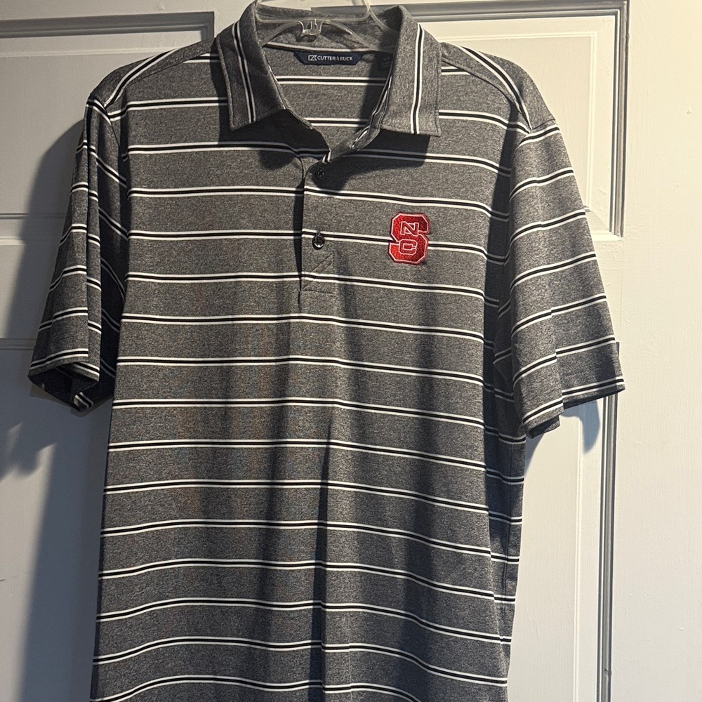 Gray Striped Cutter and Buck NC State polo Shirt